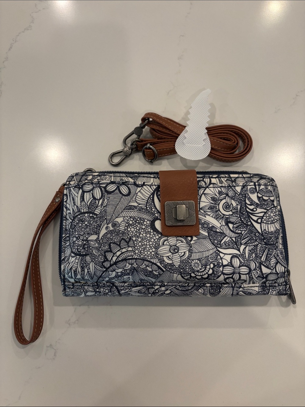 Floral Pattern Convertible Wristlet Crossbody Bag in Navy and Brown